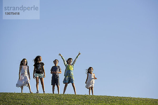 Glückliche Geschwister stehen auf Grasfeld vor klarem blauen Himmel im Park