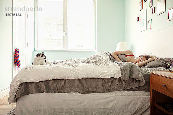 Katze schaut Frau an  die zu Hause auf dem Bett gegen das Fenster schläft