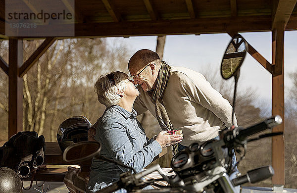 Glückliches älteres Ehepaar reibt sich mit dem Motorrad im Pavillon die Nasen