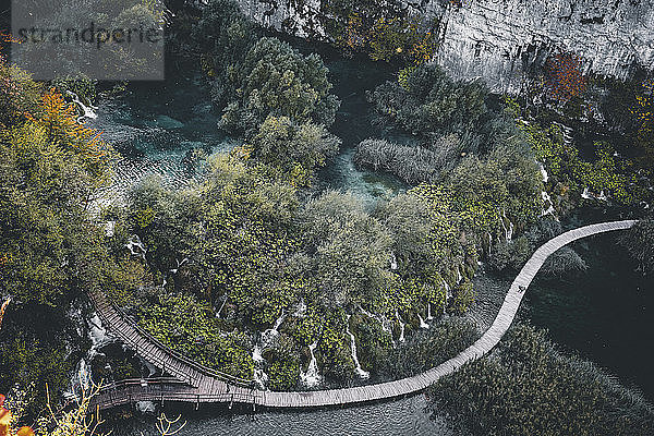 Hochwinkelansicht der Fußgängerbrücke über den Fluss inmitten von Bäumen