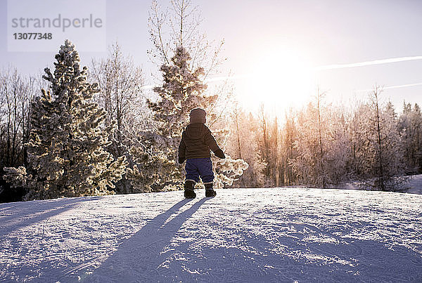 Rückansicht eines Jungen  der auf einem schneebedeckten Feld im Wald steht