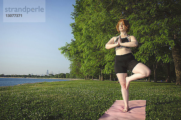 Frau praktiziert Baum-Posen-Yoga im Park am Meer vor Bäumen und klarem Himmel