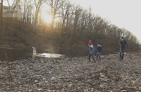 Verspielte Familie schöpft Steine im Fluss am Wald ab