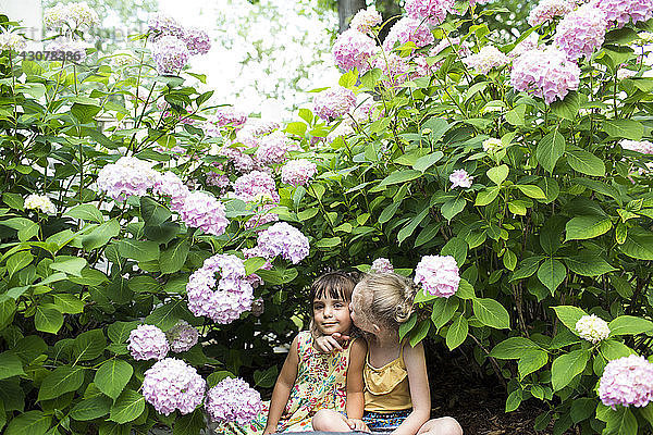 Mädchen küsst Schwester bei blühenden Pflanzen im Garten