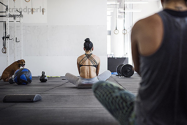 Rückansicht von Athleten beim Training mit Hund sitzend in der Crossfit-Turnhalle