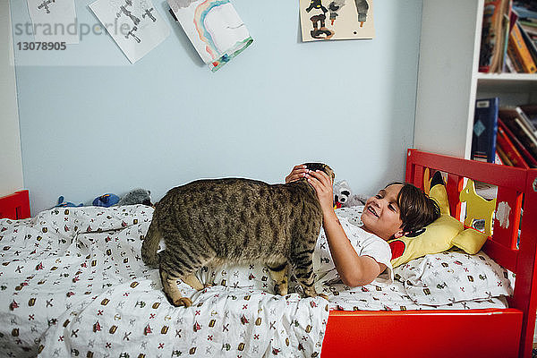 Junge spielt mit Katze  während er zu Hause auf dem Bett liegt