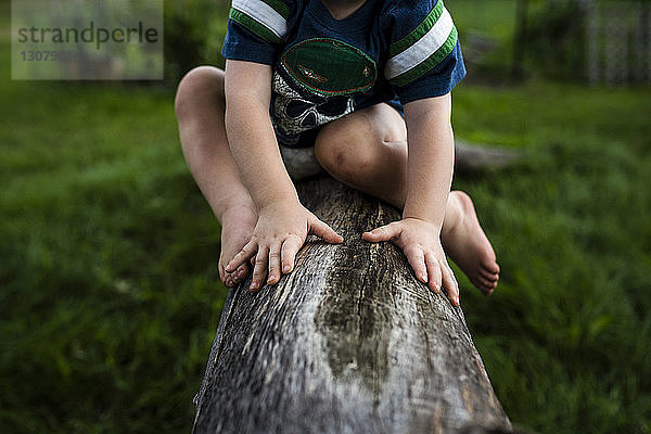 Niedriger Teil des Jungen sitzt auf einem Baumstamm im Garten