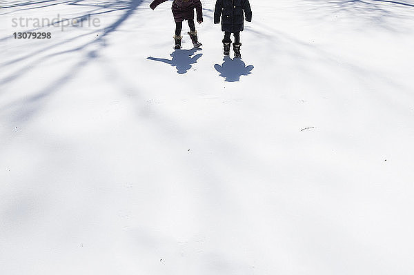 Niedrige Sektion von Schwestern  die auf schneebedecktem Feld gehen