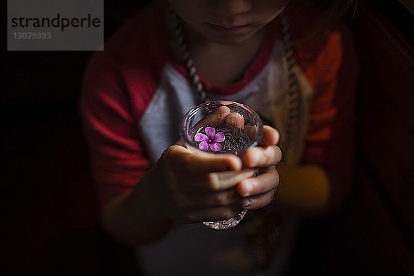 Mädchen in der Mitte hält ein Trinkglas mit Blume in der Dunkelkammer