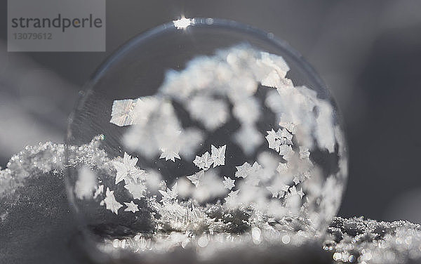 Nahaufnahme einer Schneekugel mit Schneeflocken