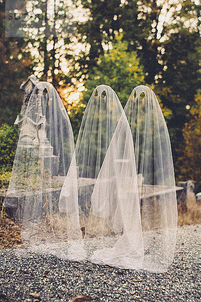 Doppelbelichtung von Jungen in Geisterkostümen gegen Bäume auf dem Friedhof an Halloween