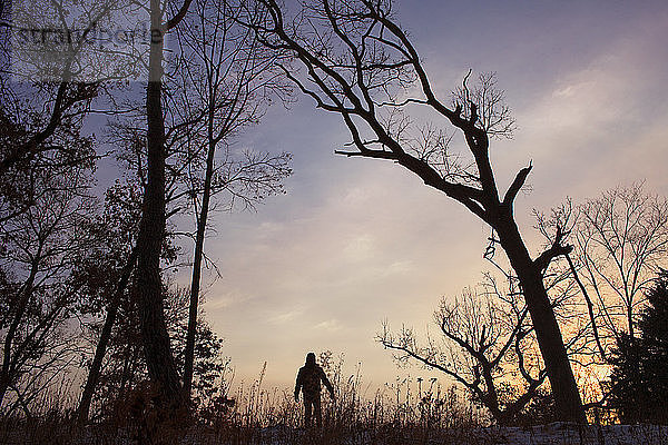 Mann steht bei Sonnenuntergang auf dem Feld inmitten von Baumsilhouetten gegen den Himmel