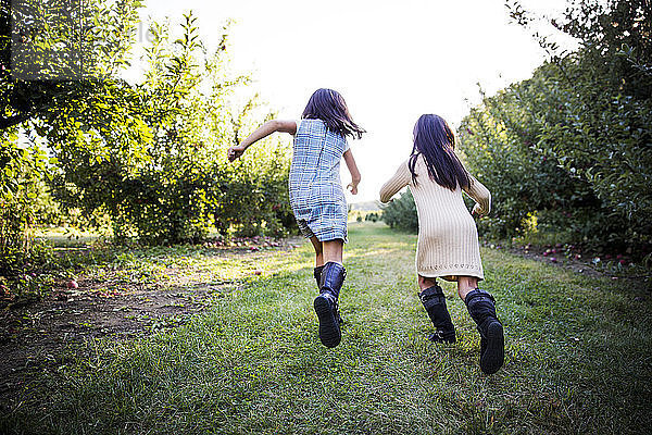 Schwestern laufen auf dem Feld in der Obstplantage
