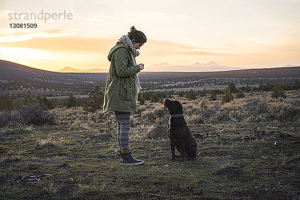 Seitenansicht einer Frau  die bei Sonnenuntergang neben einem Hund auf dem Feld gegen den Himmel steht