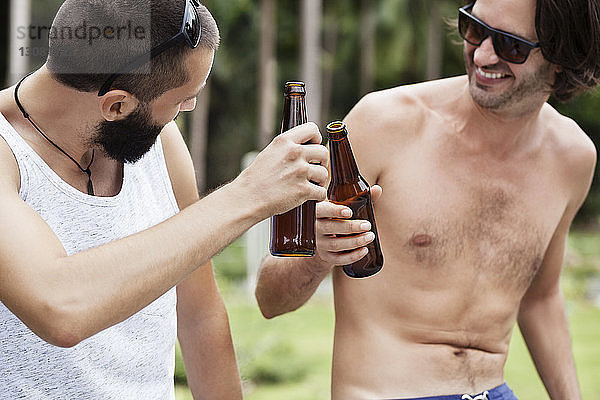 Glückliche männliche Freunde stoßen auf Bierflaschen an