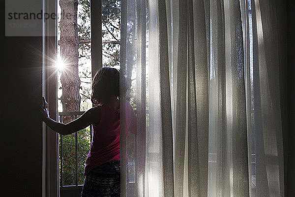 Rückansicht eines Mädchens  das an einem sonnigen Tag am Fenster bei Vorhängen steht