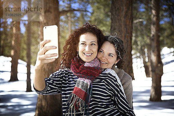 Lächelnde Freunde  die im Winter im Wald stehen