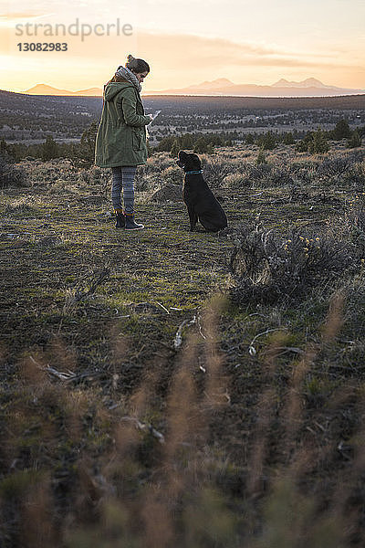 Frau in voller Länge  die bei Sonnenuntergang mit dem Hund auf dem Feld gegen den Himmel steht