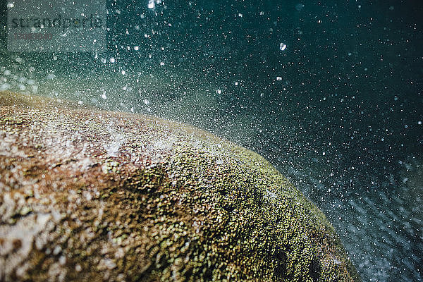 Hochwinkelaufnahme von Wassertropfen  die am Fluss auf moosigen Fels fallen