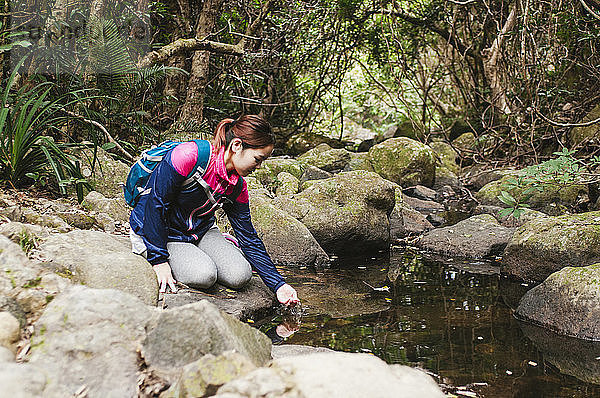 Frau trinkt Wasser aus See  während sie auf Felsen im Wald sitzt