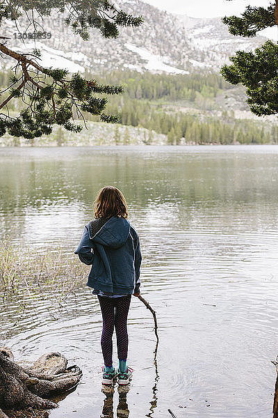 Rückansicht eines im See stehenden Mädchens mit Stock im Inyo National Forest