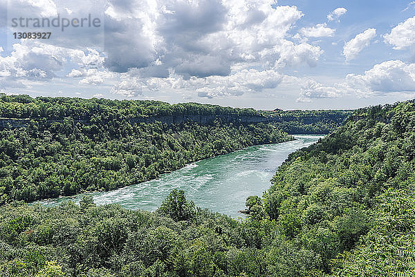 Landschaftliche Ansicht des Flusses inmitten von Bäumen im Niagara Glen-Naturreservat gegen den Himmel