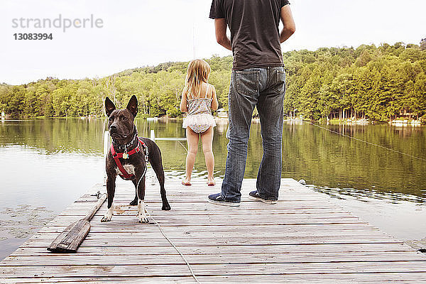 Rückansicht eines Mädchens und eines Vaters mit Hund beim Angeln im See im Stehen auf dem Pier
