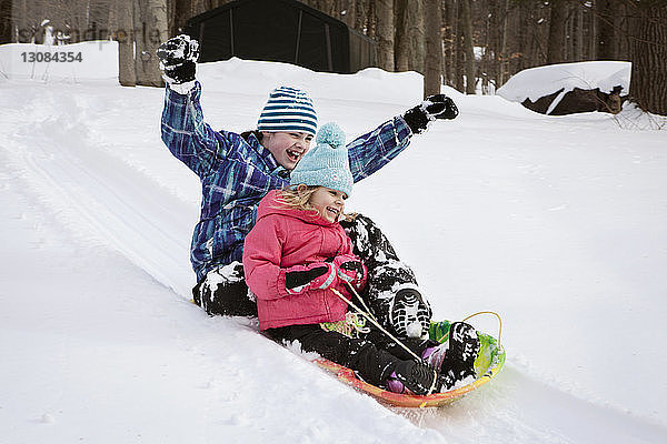 Geschwister geniessen Schlittenfahrt auf schneebedecktem Feld