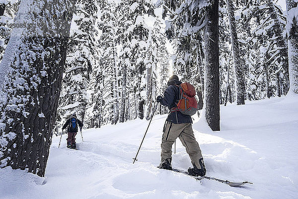 Männliche Freunde beim Skifahren auf schneebedecktem Berg