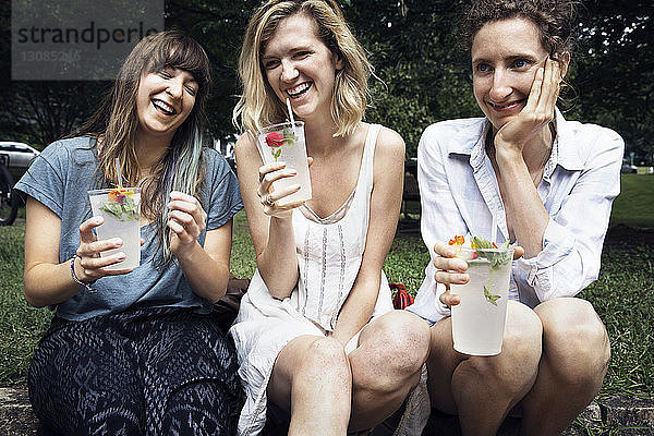 Glückliche Freunde genießen einen Drink  während sie im Hinterhof sitzen