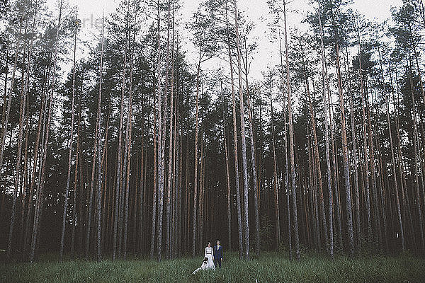 Ehepaar steht auf Grasfeld im Wald