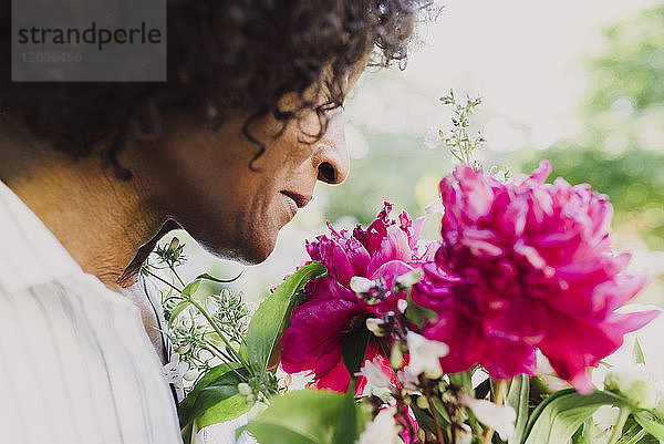Ausgeschnittenes Bild einer Frau  die im Garten frisch geerntete Blumen riecht