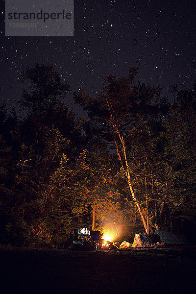 Lagerfeuer auf dem Feld im Wald bei Nacht