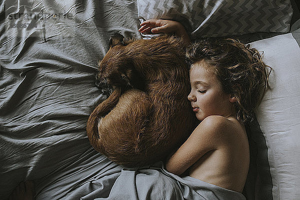 Schrägansicht eines Jungen  der mit Schnauzer auf dem Bett schläft