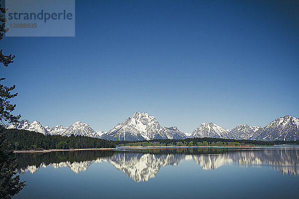 Blick auf den Jackson Lake und die schneebedeckten Berge bei strahlend blauem Himmel