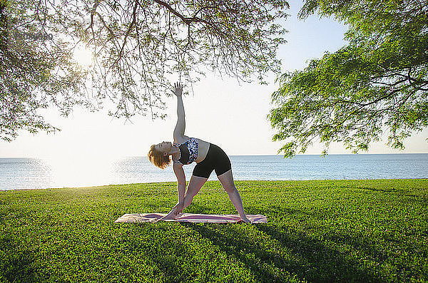 Frau praktiziert Yoga im Park gegen Meer und klaren Himmel