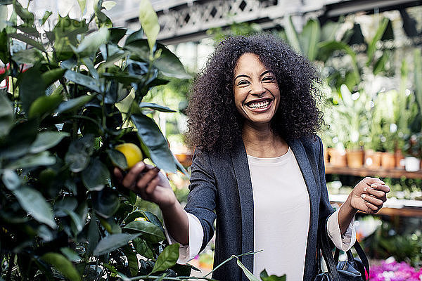 Porträt einer fröhlichen Frau  die Pflanzen auf dem Markt untersucht