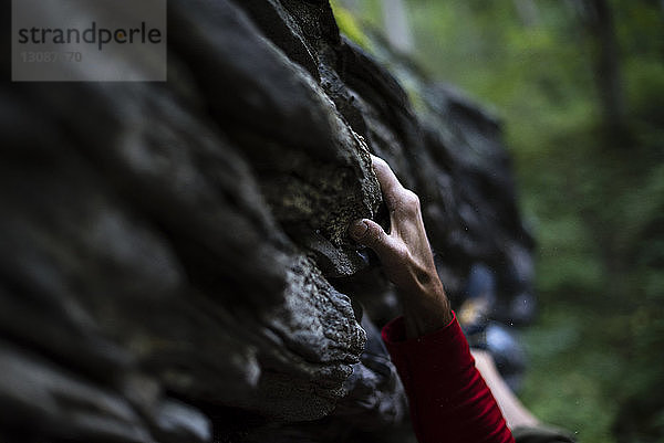 Nahaufnahme eines Felsens  der beim Bouldern im Wald mit der Hand gegriffen wurde