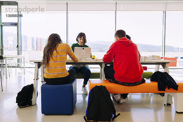 Freunde lernen am Fenster bei Tisch in der Bibliothek