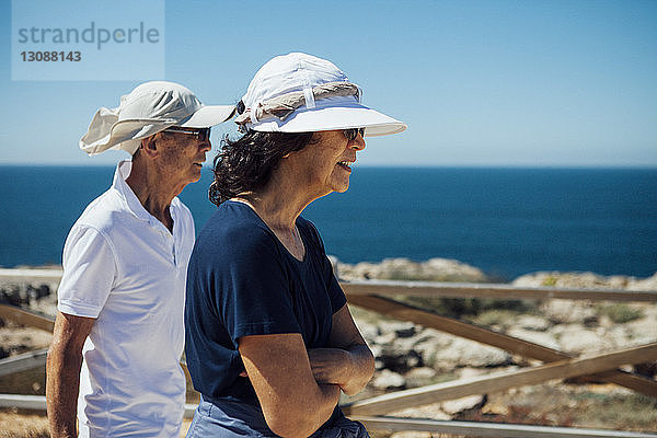 Älteres Ehepaar schaut aufs Meer  während es an der Reling gegen den klaren Himmel steht