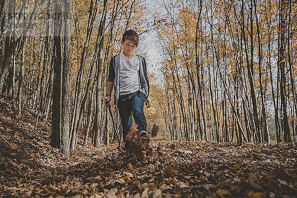 Junge in voller Länge  der im Herbst Blätter auf dem Feld tritt