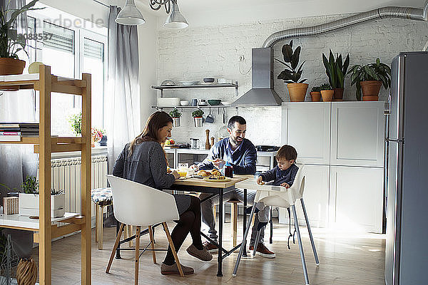 Eltern sehen ihren Sohn auf dem Hochstuhl sitzend beim Frühstück in der Küche