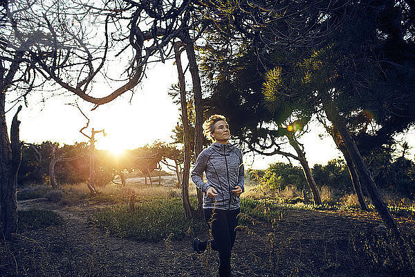 Frau joggt bei Sonnenaufgang auf dem Feld an Bäumen