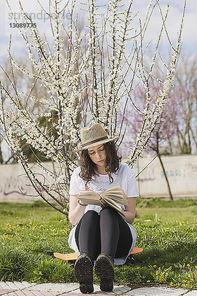 Junge Frau liest in voller Länge ein Buch  während sie im Park auf einem Skateboard sitzt