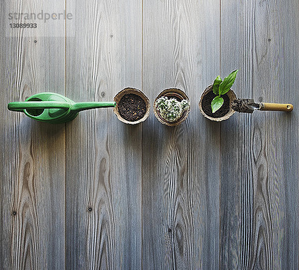 Draufsicht auf Gartengeräte und Topfpflanzen auf Holztisch