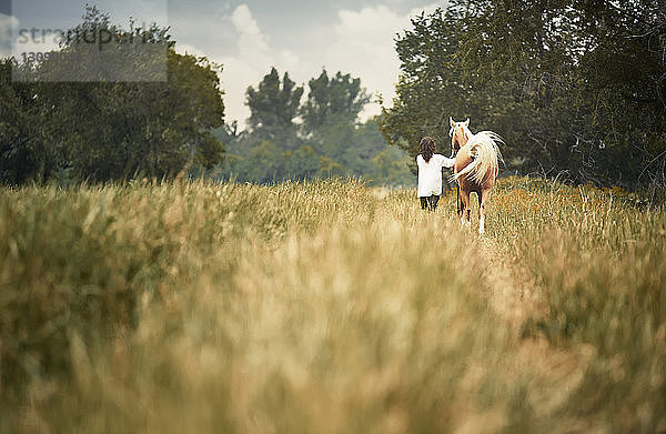 Rückansicht Frau und Pferd beim Spaziergang auf einem Grasfeld auf dem Land