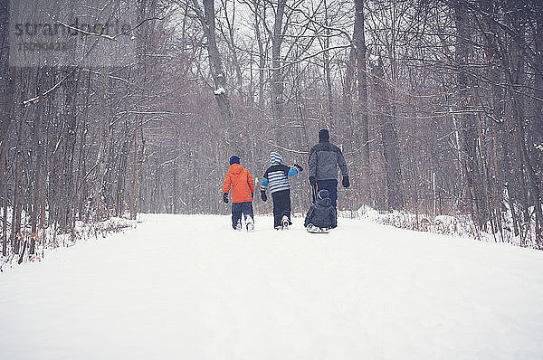 Rückansicht von Vater und Sohn beim Spaziergang auf verschneitem Feld inmitten kahler Bäume
