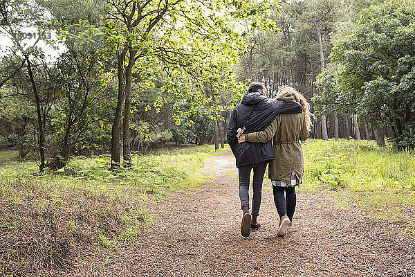 Rückansicht eines romantischen Paares mit umarmenden Armen beim Waldspaziergang