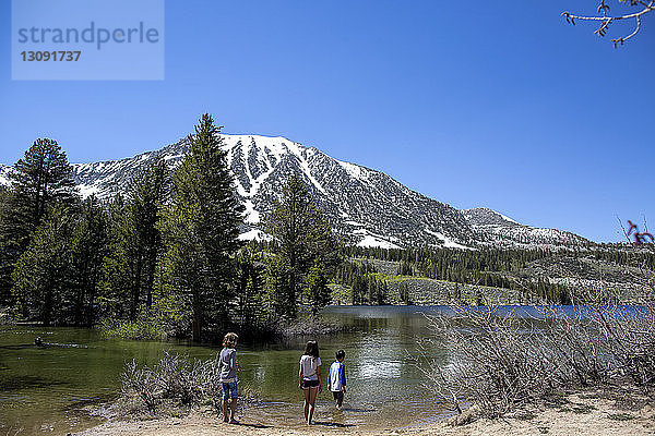 Rückansicht der Geschwister am See vor klarem Himmel im Inyo National Forest