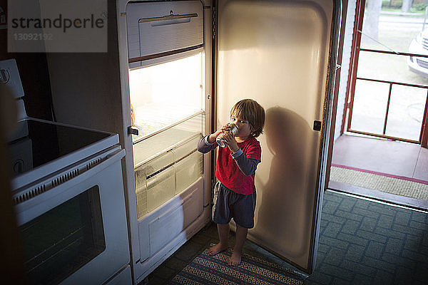 Junge trinkt Dosengetränk aus dem Kühlschrank